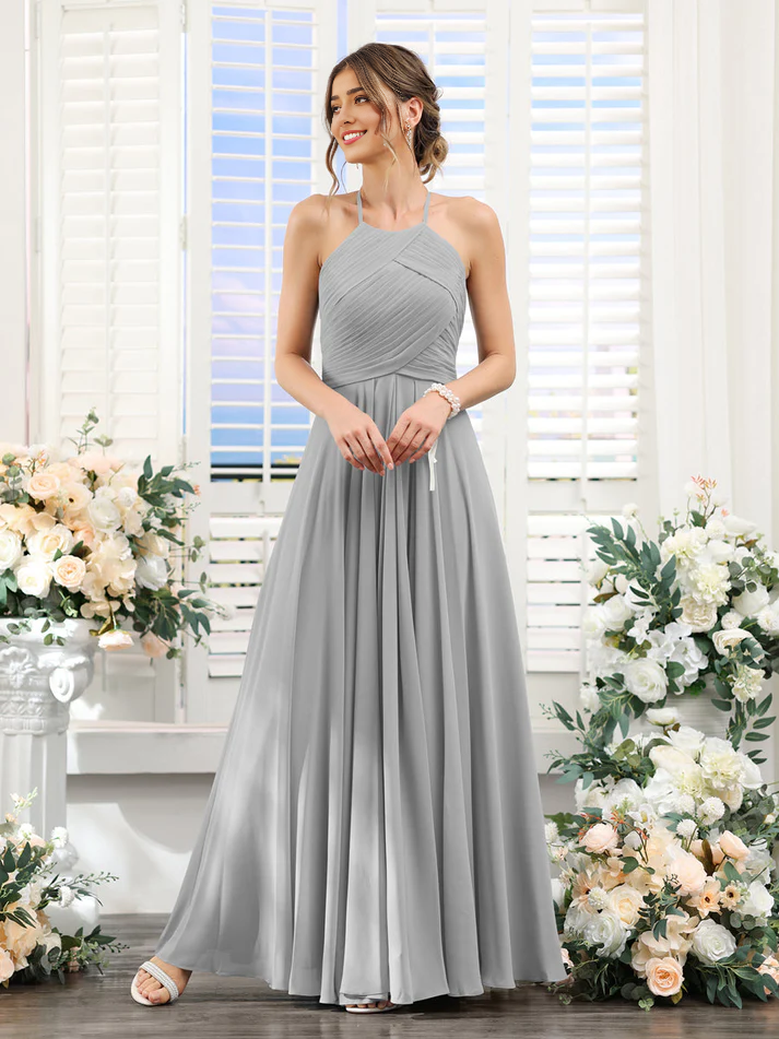 Chiffon Halter Neck Ruched Bodice A-Line Floor-Length Elegant Bridesmaid Dress