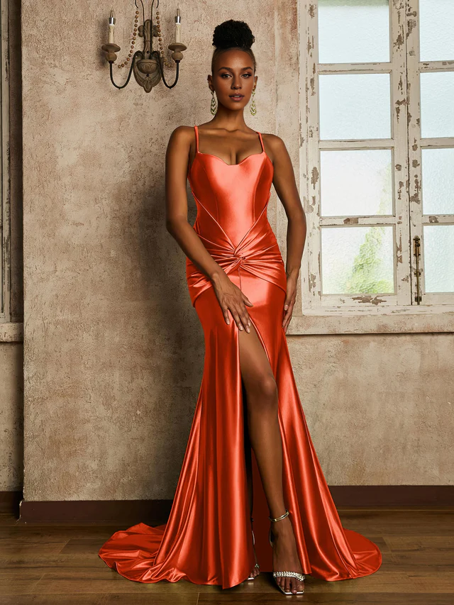 Satin Spaghetti-Strap Ruched Bodice High-Slit Sheath Train Floor-Length Bridesmaid Dresses