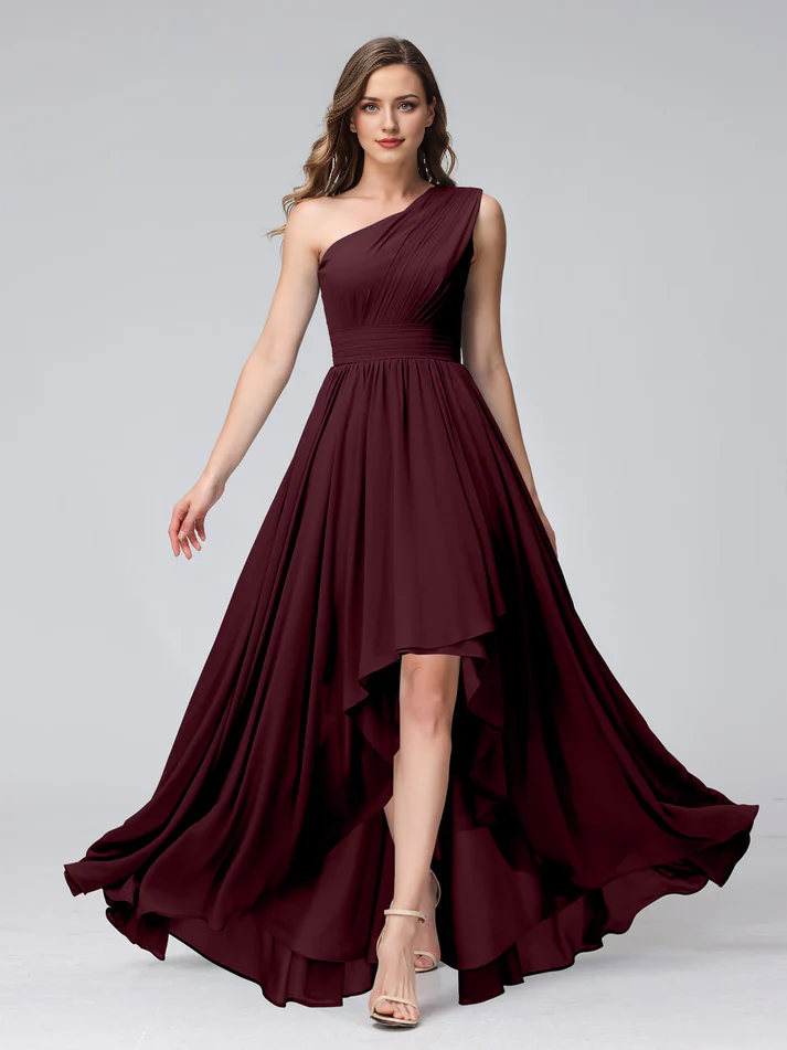 Chiffon One-Shoulder Ruched Bodice Asymmetrical High-Low A-Line Floor-Length Dusty Blue Bridesmaid Dresses
