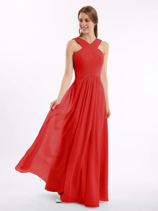 Chiffon Cross-Back Sleeveless Ruched Bodice A-Line Floor-Length Bridesmaid Dresses