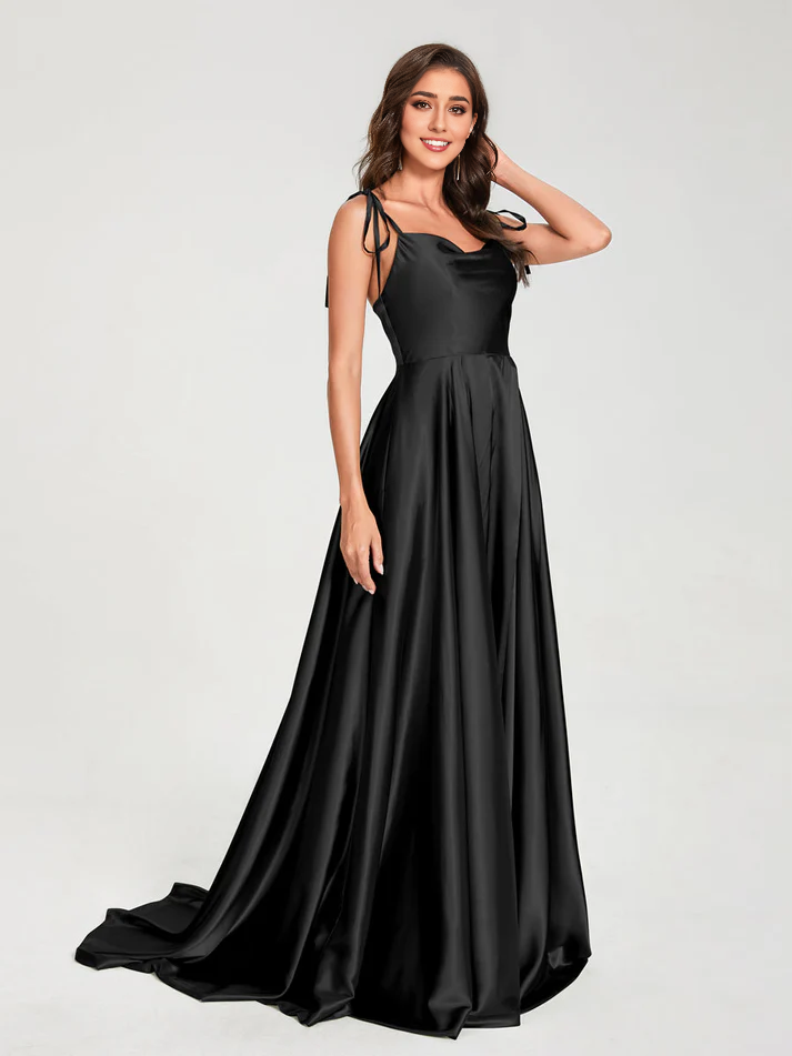 Satin Spaghetti-Strap V-Neck Ruched Bodice Train A-Line Floor-Length Luxe Bridesmaid Dress