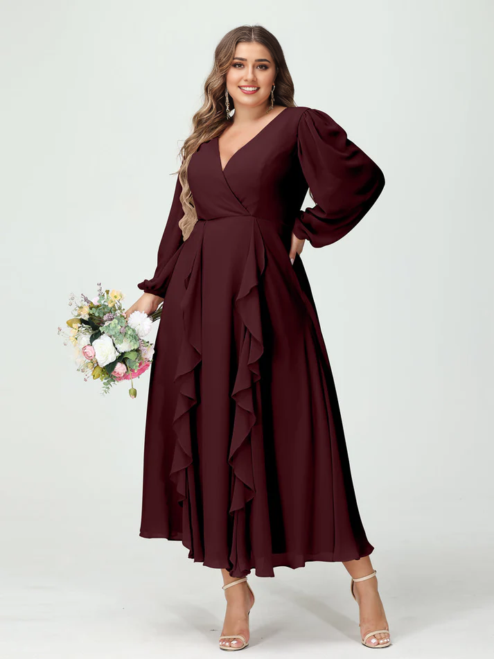 Chiffon Long-Sleeve V-Neck Ruffled Wrap Bodice High-Low A-Line Floor-Length Elegant Bridesmaid Dress