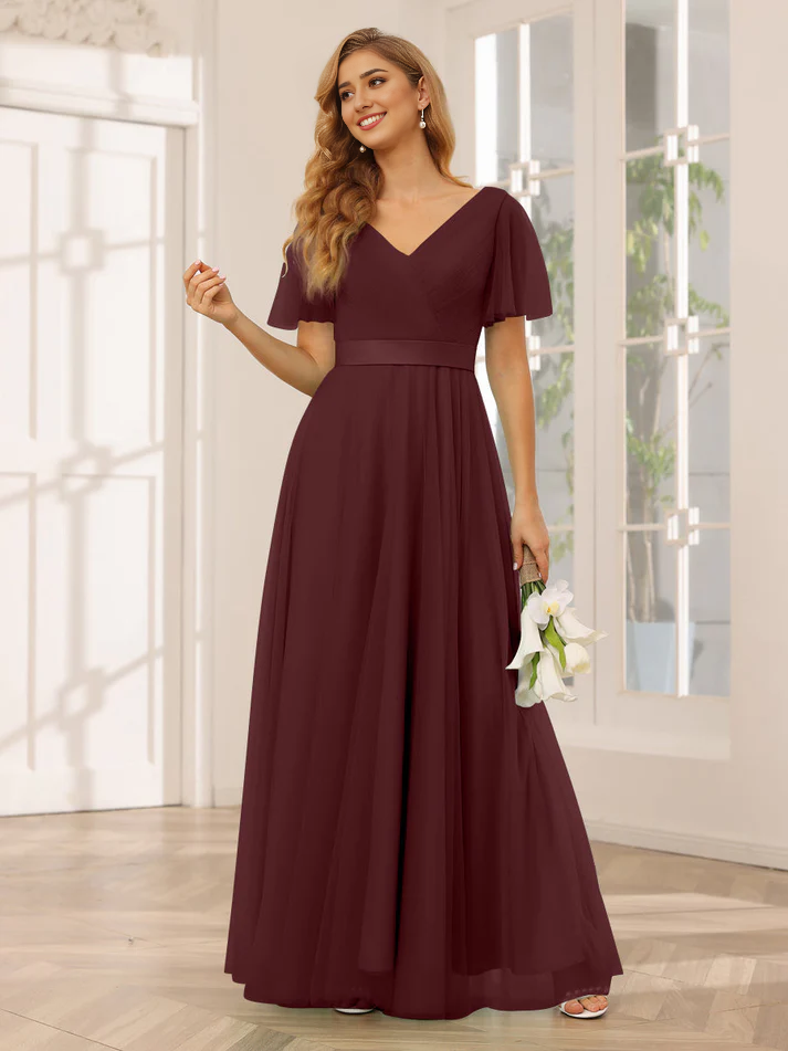 Chiffon Short-Sleeve V-Neck Belted Bodice A-Line Floor-Length Romantic Bridesmaid Dress