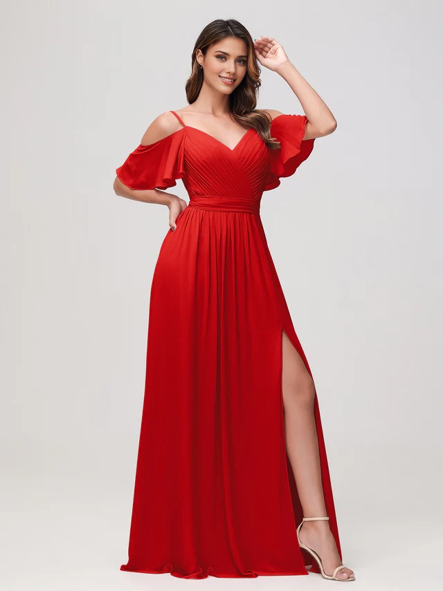 Chiffon Off-Shoulder V-Neck Ruched Bodice High-Slit A-Line Floor-Length Bridesmaid Dresses