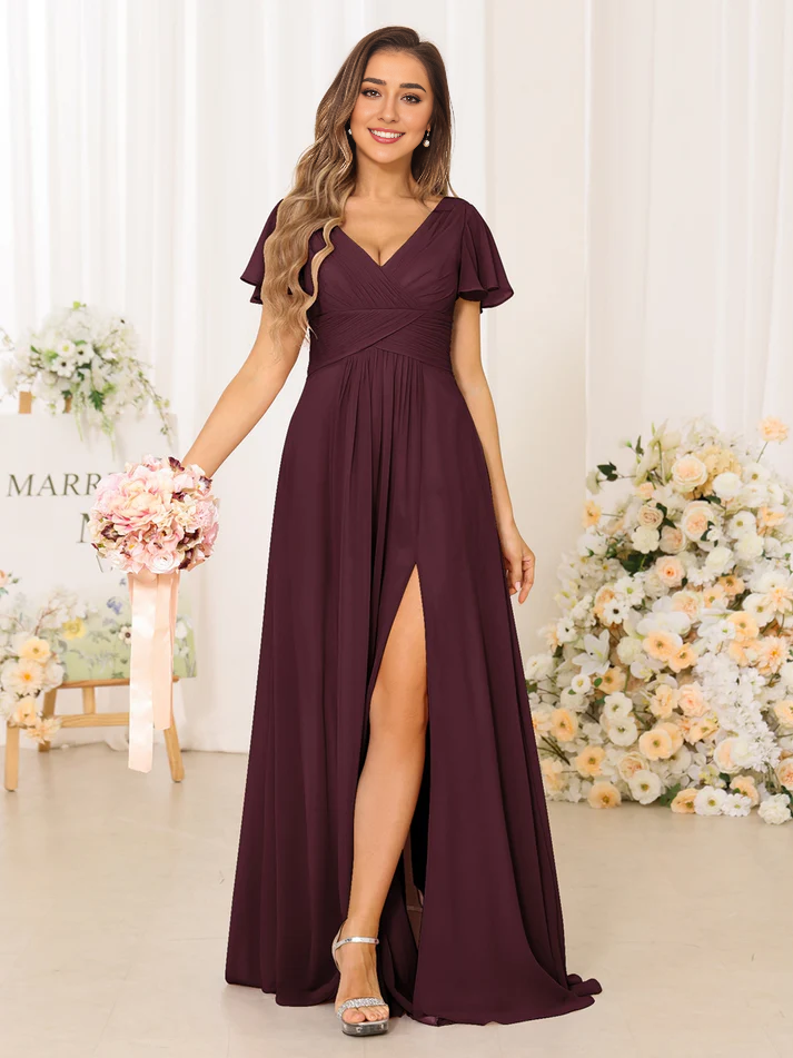 Chiffon Short-Sleeve V-Neck Ruched Bodice High-Slit A-Line Floor-Length Dusty Rose Bridesmaid Dresses