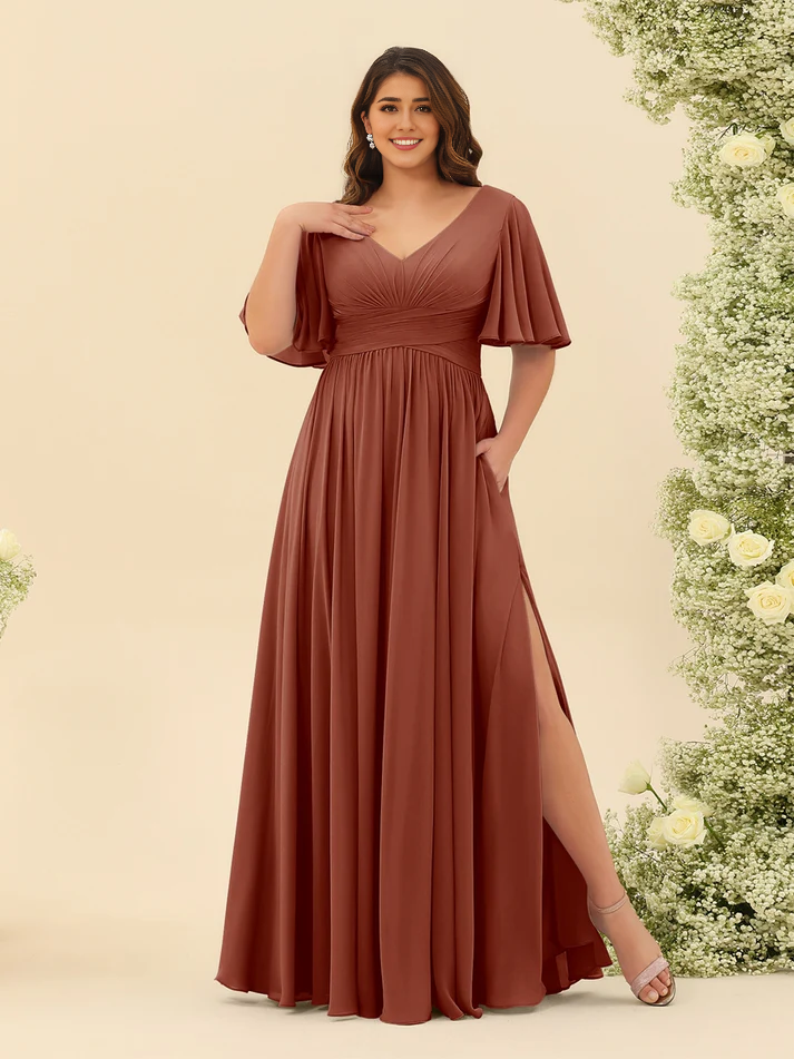 Chiffon Short-Sleeve V-Neck Ruched Bodice High-Slit A-Line Floor-Length Comfortable Bridesmaid Dress