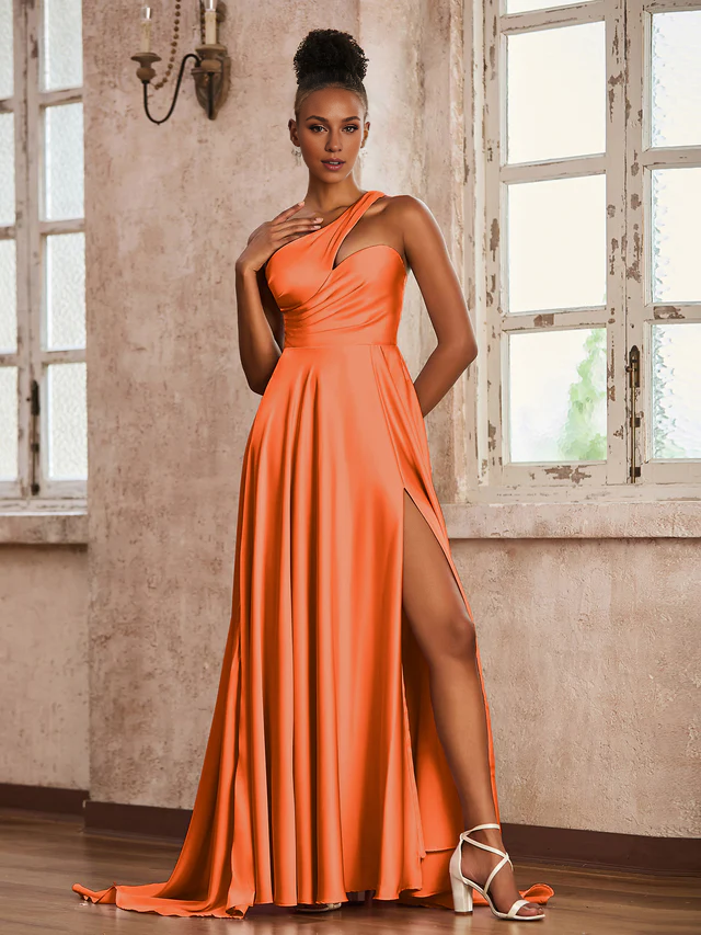 Satin Spaghetti-Strap Ruched Bodice High-Slit A-Line Train Floor-Length Bridesmaid Dresses