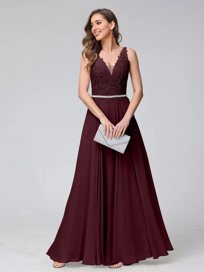 Chiffon Spaghetti-Strap V-Neck Embellished Bodice A-Line Floor-Length Elegant Bridesmaid Dress