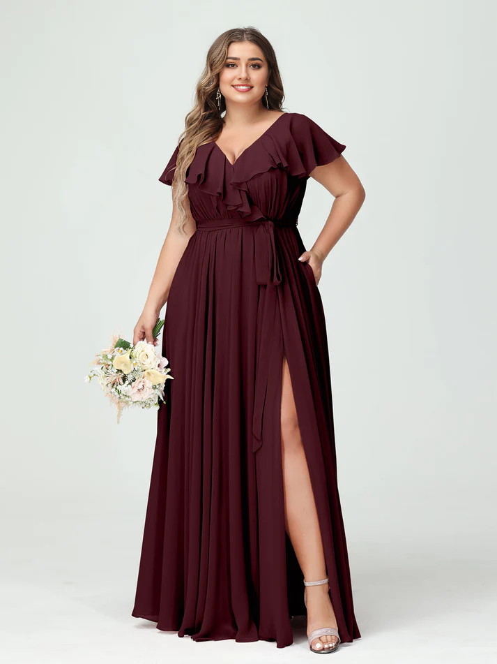 Chiffon Flutter-Sleeve V-Neck Pleated Bodice High-Slit A-Line Floor-Length Romantic Bridesmaid Dress