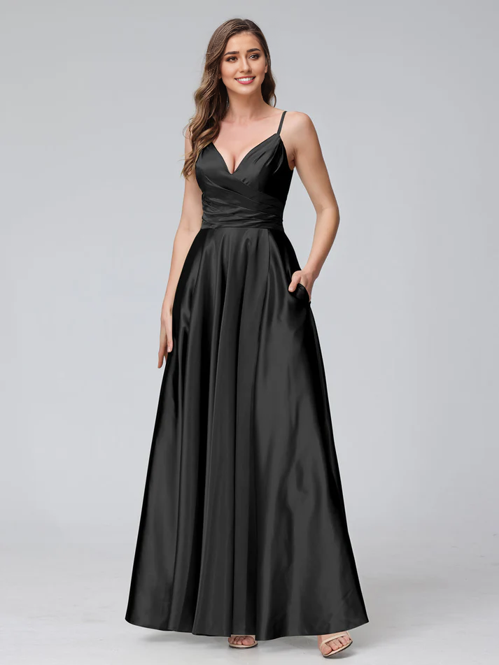 Satin Spaghetti-Strap Sweetheart Neckline Ruched Side A-Line Floor-Length Elegant Bridesmaid Dress