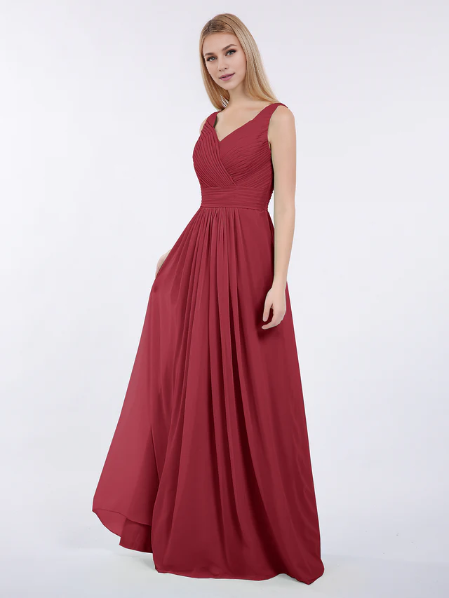 Chiffon Spaghetti-Strap V-Neck Ruched Bodice A-Line Floor-Length Bridesmaid Dresses
