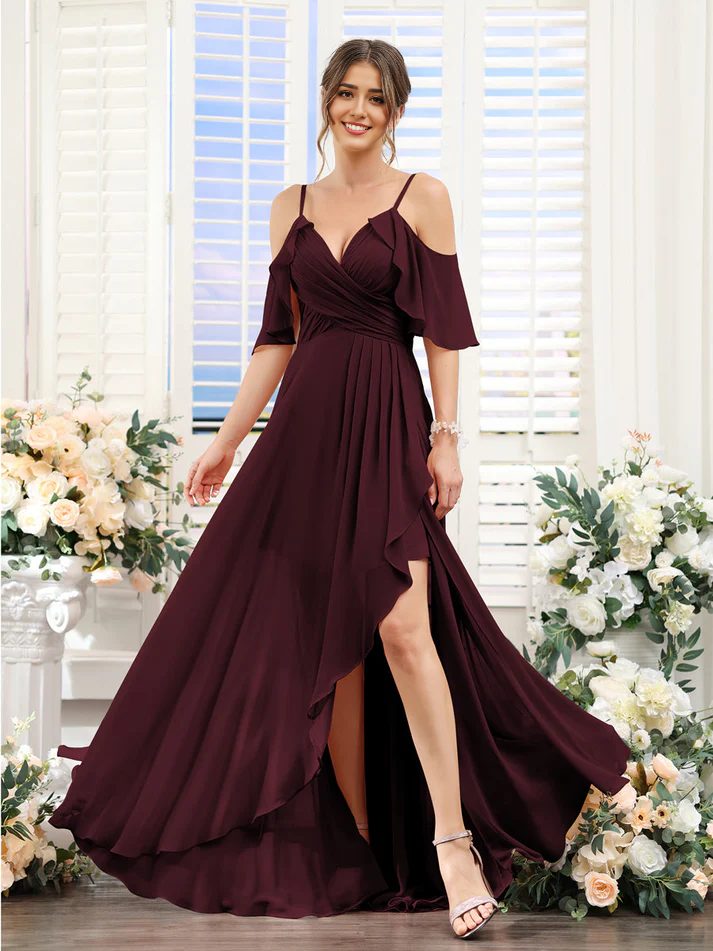 Chiffon Cold-Shoulder Spaghetti-Strap Ruched Bodice High-Low Floor-Length Romantic Bridesmaid Dress