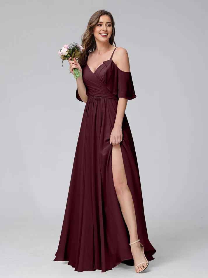 Chiffon Cold-Shoulder V-Neck Ruched Bodice High-Slit A-Line Floor-Length Romantic Bridesmaid Dress