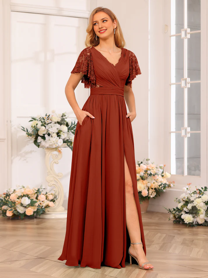 Chiffon One-Shoulder Flutter Sleeve Ruched Bodice High-Slit A-Line Floor-Length Soft Mint Bridesmaid Dresses