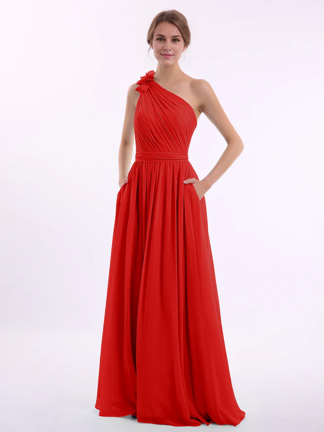 Chiffon One-Shoulder Ruched Bodice Pocketed A-Line Floor-Length Bridesmaid Dresses