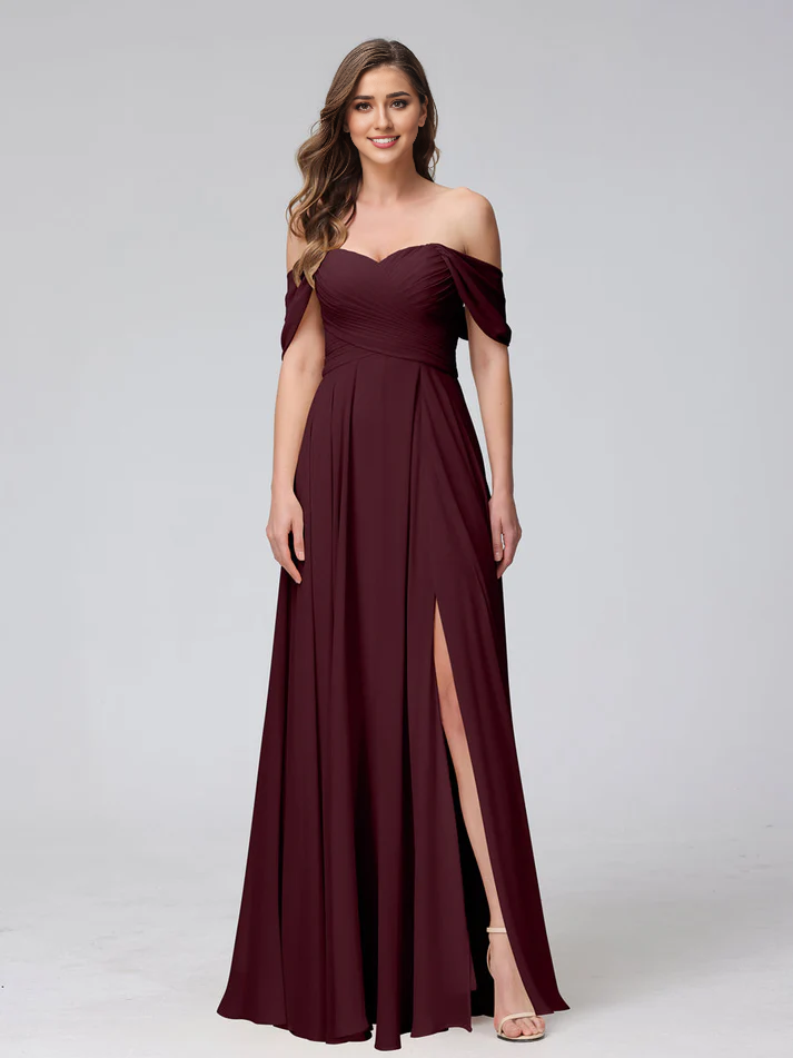 Chiffon Off-the-Shoulder Short-Sleeve Ruched Bodice High-Slit A-Line Floor-Length Elegant Bridesmaid Dress