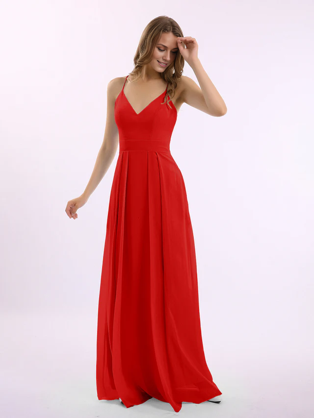 Chiffon Spaghetti-Strap Deep V-Neck A-Line Floor-Length Bridesmaid Dresses