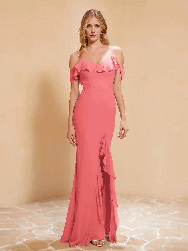 Chiffon Off-Shoulder Ruffled Bodice Sheath High-Slit Floor-Length Bridesmaid Dresses