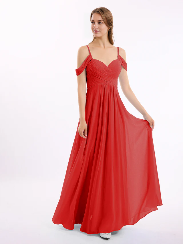 Chiffon Off-Shoulder Sweetheart Neckline Ruched Bodice A-Line Floor-Length Bridesmaid Dresses