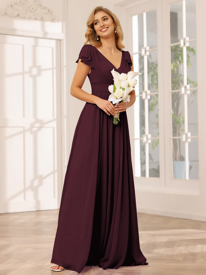 Chiffon Short-Sleeve V-Neck Ruched Bodice High-Slit A-Line Floor-Length Versatile Bridesmaid Dress