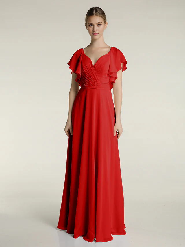 Chiffon Flutter-Sleeve V-Neck Ruched Bodice A-Line Floor-Length Bridesmaid Dresses