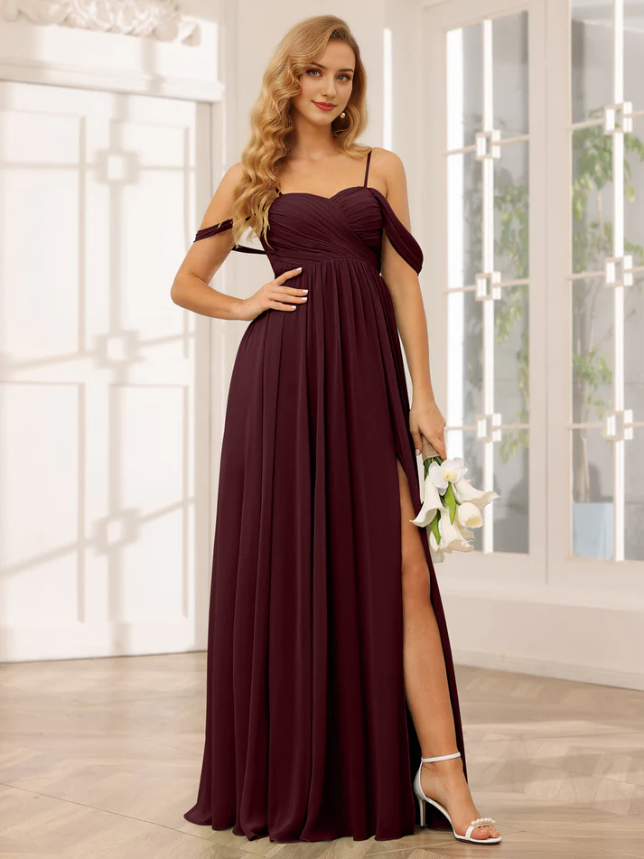 Chiffon Off-Shoulder Sweetheart Neckline Ruched Bodice High-Slit A-Line Floor-Length Sage Green Bridesmaid Dresses