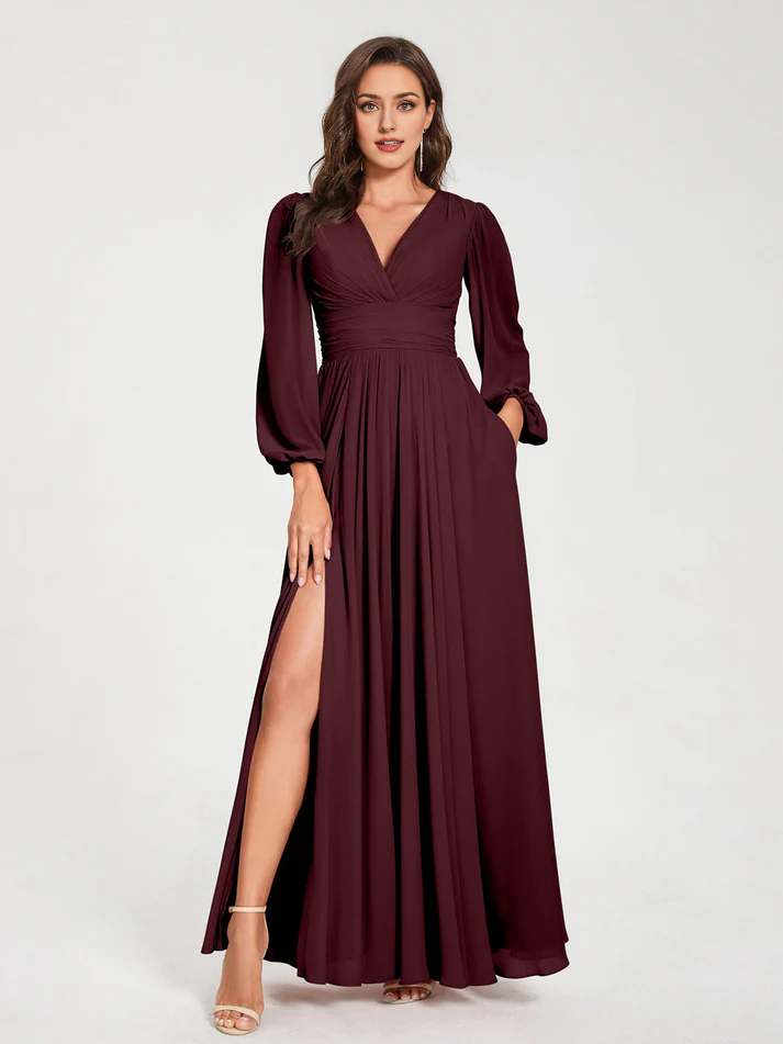 Chiffon Puff-Sleeve V-Neck Ruched Bodice High-Slit A-Line Floor-Length Bridesmaid Dresses