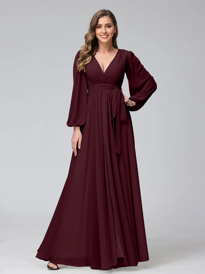 Chiffon Long-Sleeve Deep V-Neck Self-Tie Waist A-Line Floor-Length Soft Mint Bridesmaid Dresses