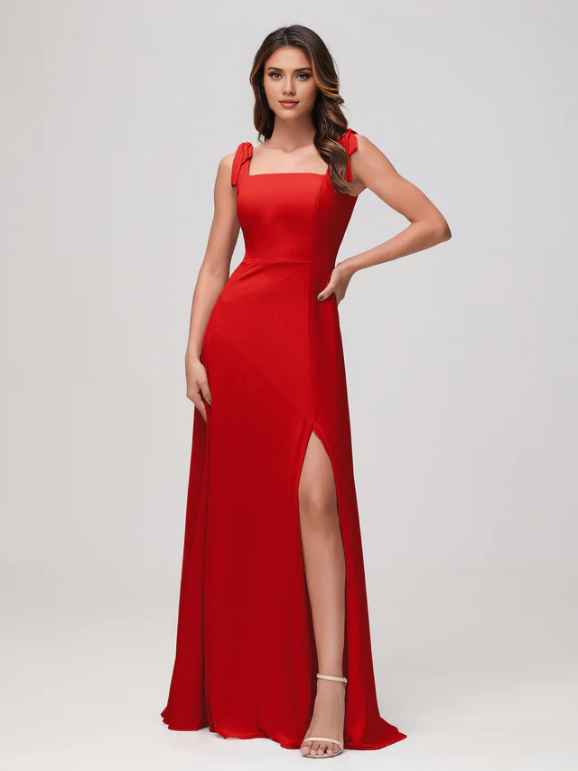 Satin Square Neck Spaghetti-Strap Ruched Bodice High-Slit Sheath Floor-Length Bridesmaid Dresses