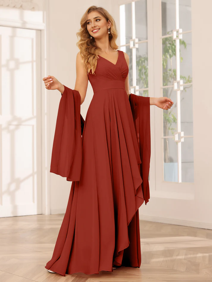 Chiffon V-Neck Detachable Bell-Sleeve High-Low A-Line Floor-Length Versatile Bridesmaid Dress