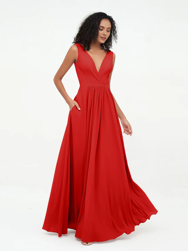 Chiffon Spaghetti-Strap Deep V-Neck Pocketed A-Line Floor-Length Bridesmaid Dresses