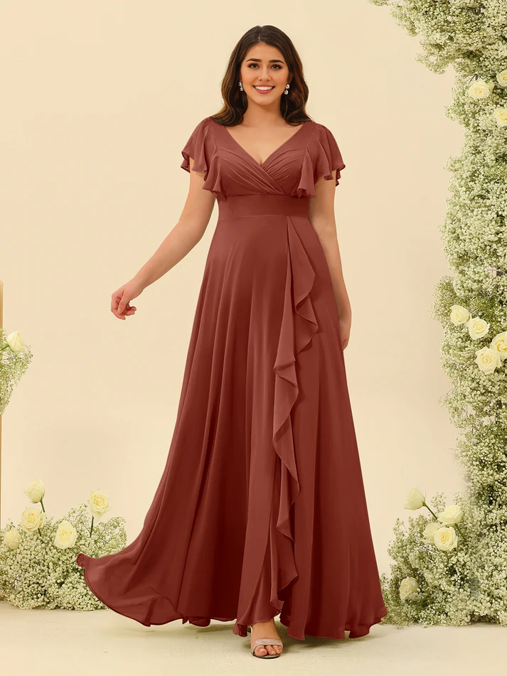 Chiffon Ruffle V-neck Short sleeved Bridesmaid Dress
