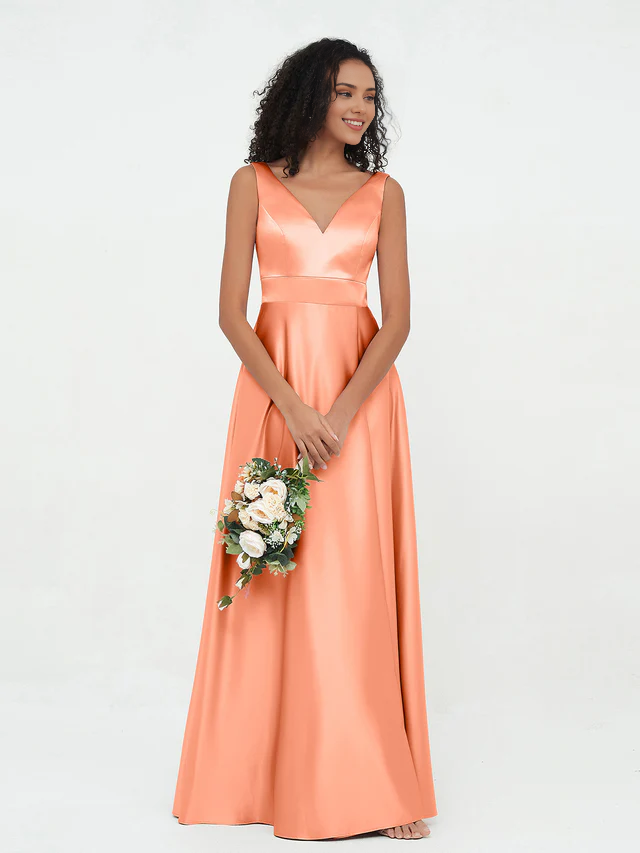 Satin Spaghetti-Strap Deep V-Neck A-Line Floor-Length Bridesmaid Dresses