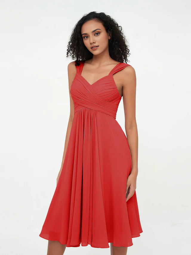 Chiffon Spaghetti-Strap Sweetheart Neckline Ruched Bodice Tea-Length A-Line Bridesmaid Dresses