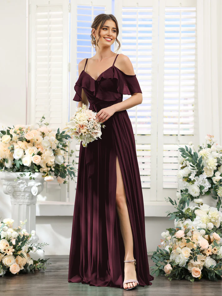 Chiffon Off-the-Shoulder Short-Sleeve Ruched Bodice High-Slit A-Line Floor-Length Elegant Bridesmaid Dress