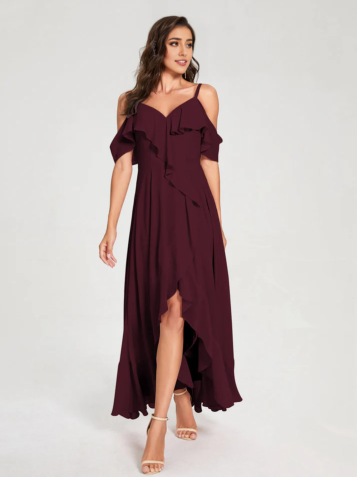 Chiffon Cold-Shoulder Spaghetti-Strap High-Slit Asymmetrical Floor-Length Stylish Bridesmaid Dress