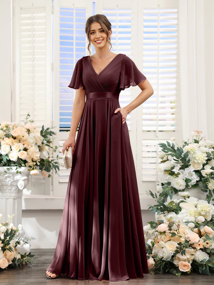 Chiffon Flutter-Sleeve V-Neck Beaded Waist A-Line Floor-Length Blush Pink Bridesmaid Dresses