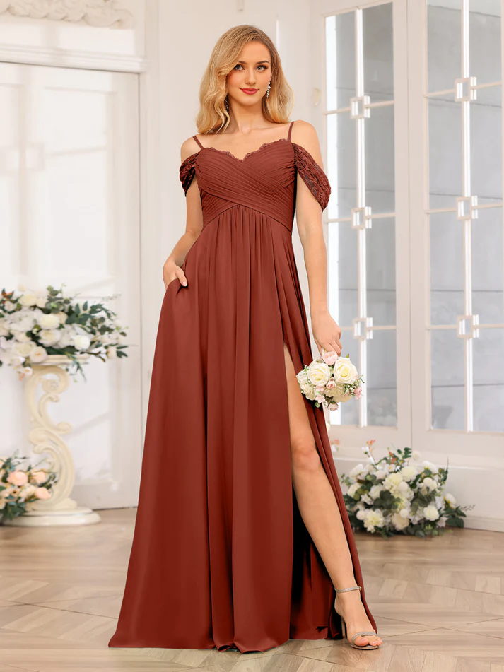 Chiffon Off-Shoulder Sweetheart Neckline Pocketed Bodice High-Slit A-Line Floor-Length Sage Green Bridesmaid Dresses