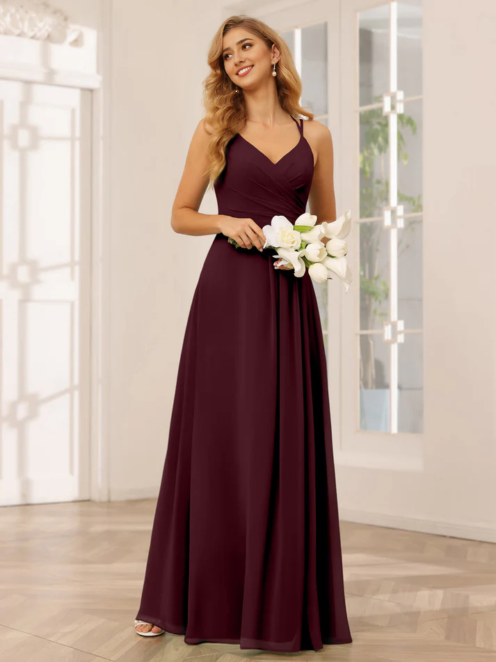 Chiffon Spaghetti-Strap Sweetheart Neckline Ruched Bodice A-Line Floor-Length Romantic Bridesmaid Dress
