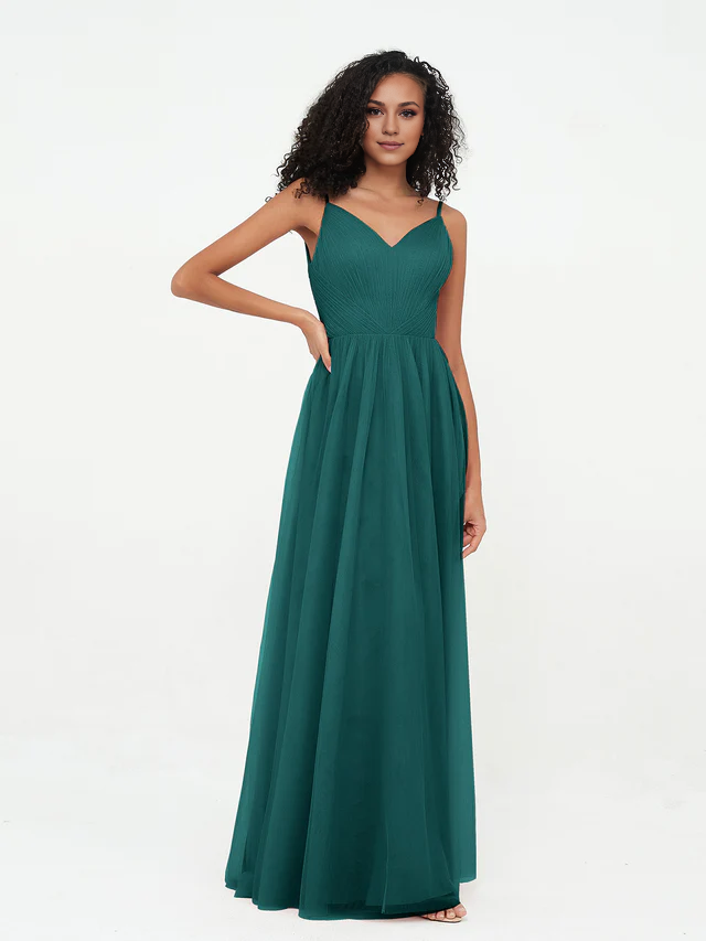 Chiffon Spaghetti-Strap V-Neck Ruched Bodice A-Line Floor-Length Bridesmaid Dresses