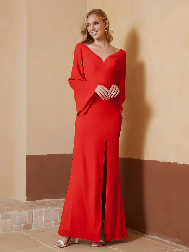 Chiffon Bell-Sleeve Deep V-Neck Ruched Bodice Sheath Floor-Length Bridesmaid Dresses