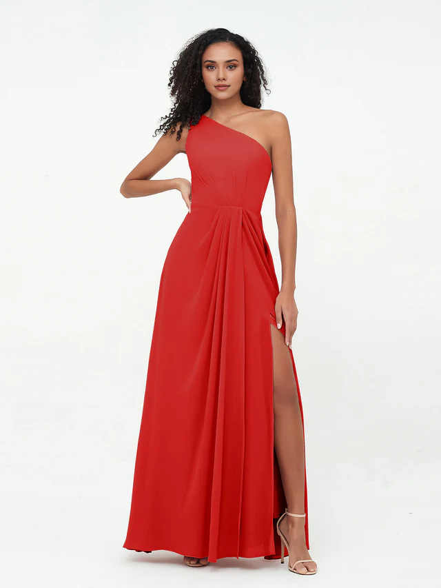 Chiffon One-Shoulder Ruched Bodice High-Slit A-Line Floor-Length Bridesmaid Dresses