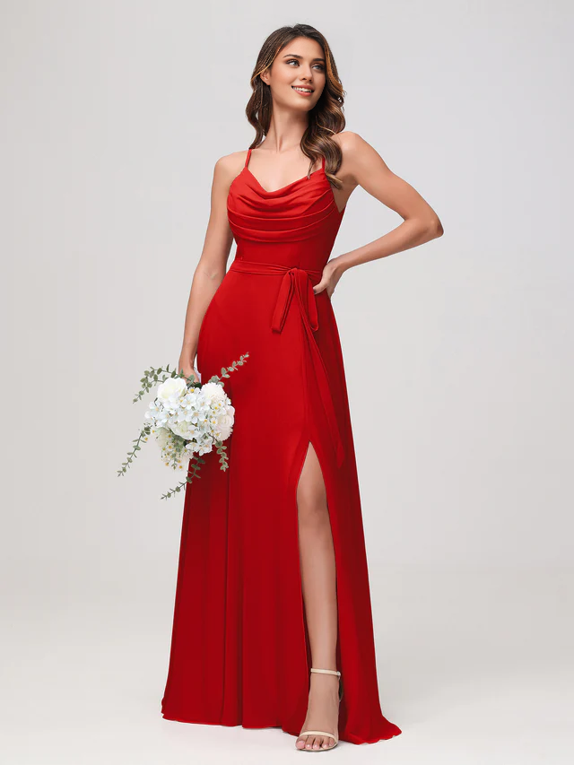 Chiffon Spaghetti-Strap Sweetheart Neckline Ruched Bodice High-Slit A-Line Floor-Length Bridesmaid Dresses