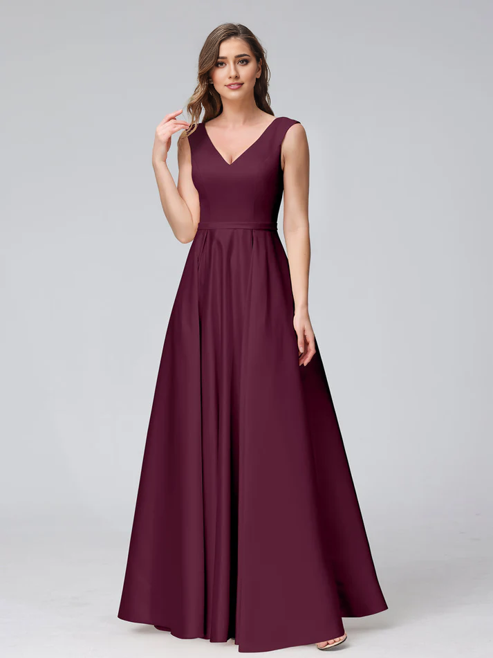 Satin V-Neck Sleeveless A-Line Floor-Length Elegant Bridesmaid Dress