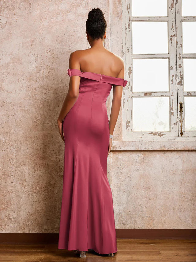 Chiffon Off-Shoulder Sweetheart Neckline Ruched Bodice High-Slit Sheath Floor-Length Bridesmaid Dresses