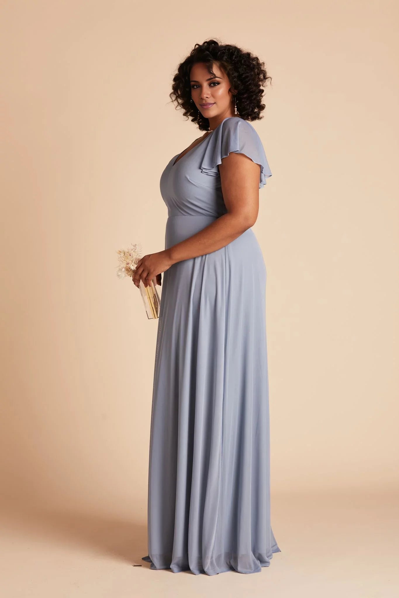 Airy Dusty Blue Chiffon Deep V-Neck Flutter-Sleeve Maxi Bridesmaid Dress with Flowy Skirt & High Side Slit
