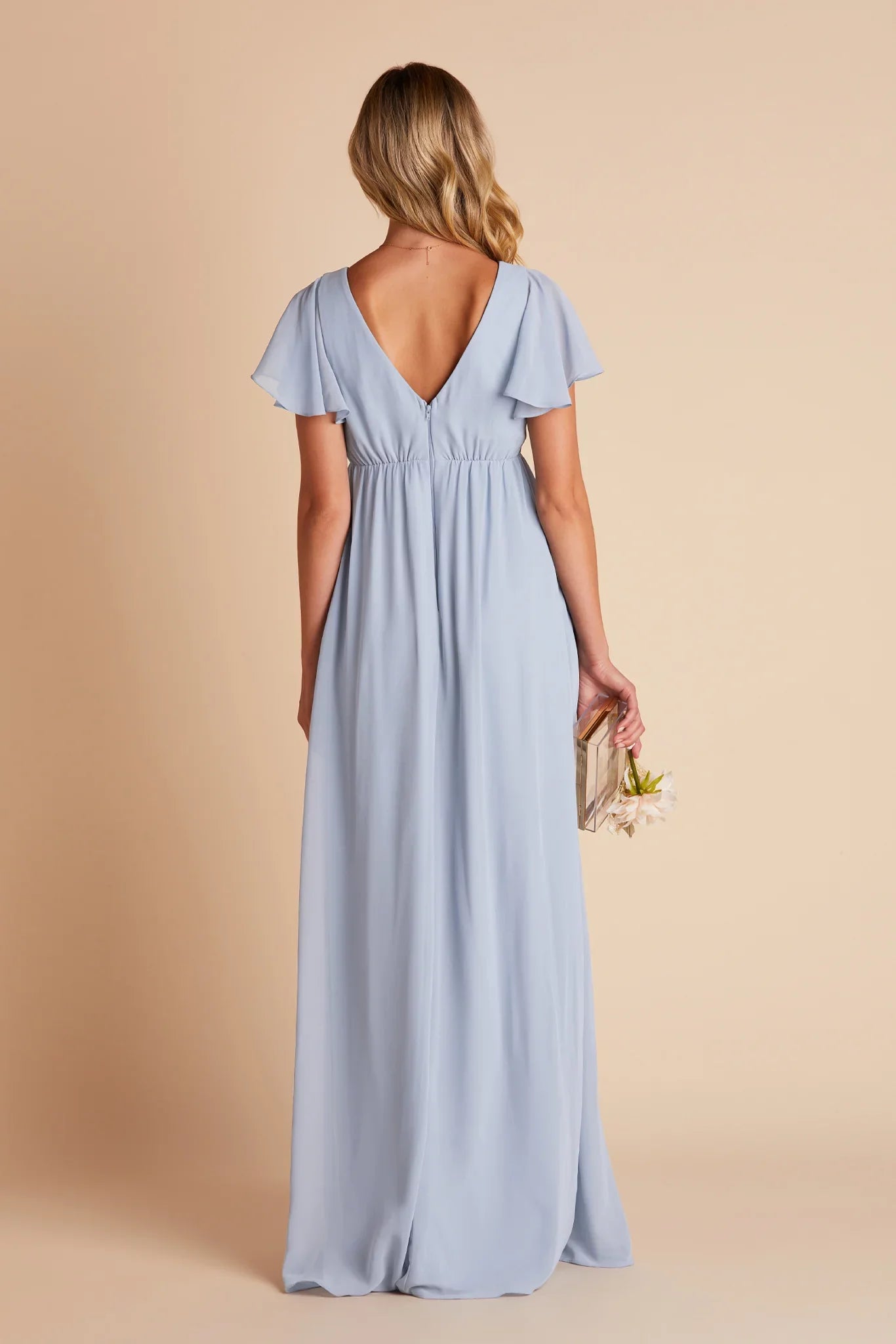 Airy Dusty Blue Chiffon Deep V-Neck Flutter-Sleeve Maxi Bridesmaid Dress with Flowy Skirt & High Side Slit