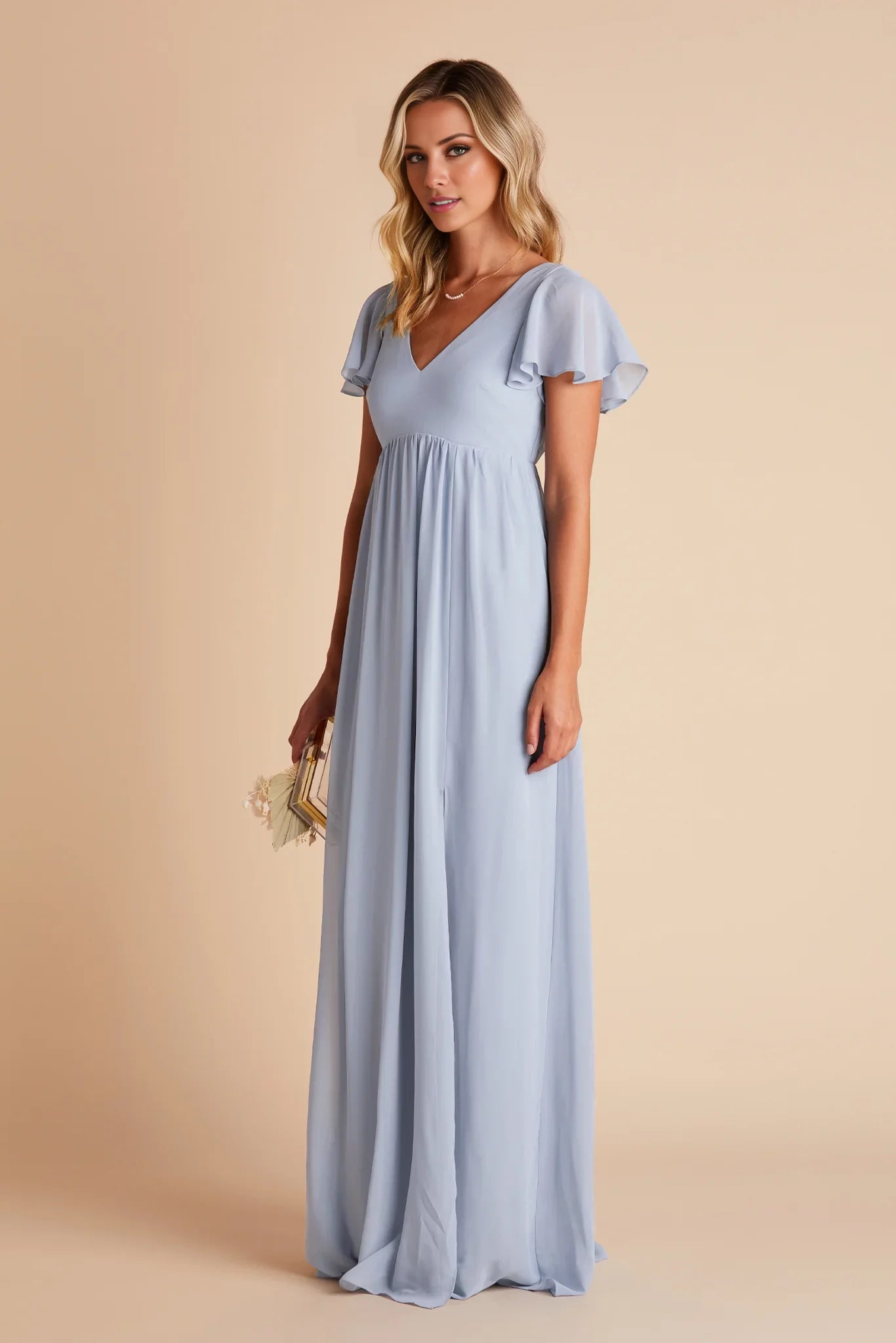 Airy Dusty Blue Chiffon Deep V-Neck Flutter-Sleeve Maxi Bridesmaid Dress with Flowy Skirt & High Side Slit