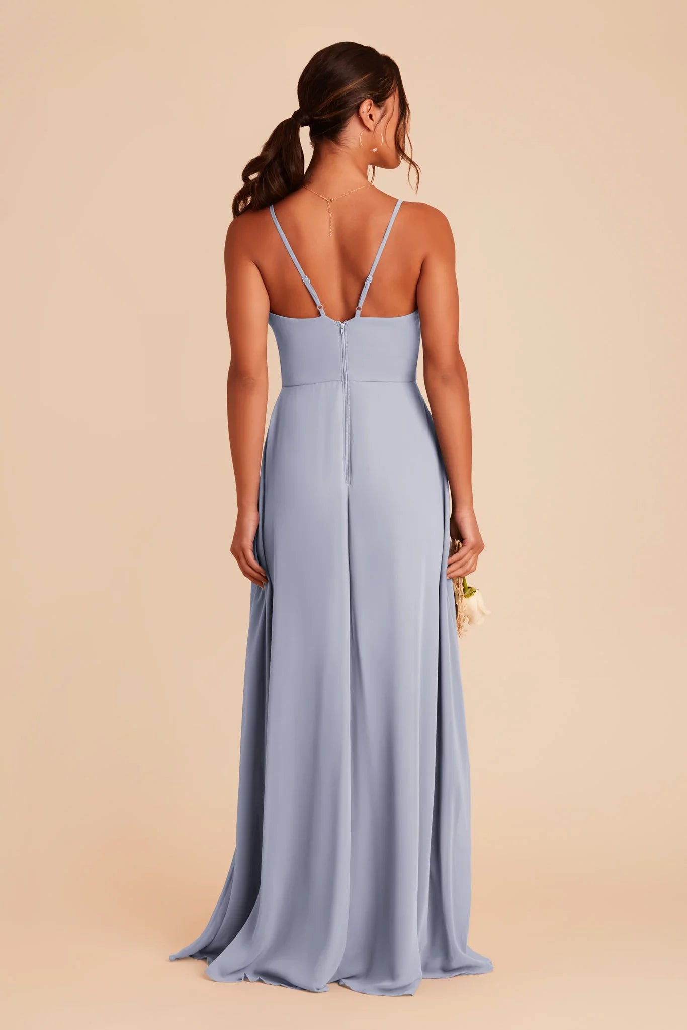 Airy Dusty Blue Chiffon Spaghetti-Strap Maxi Bridesmaid Dress with Ruffle Trim & High Side Slit