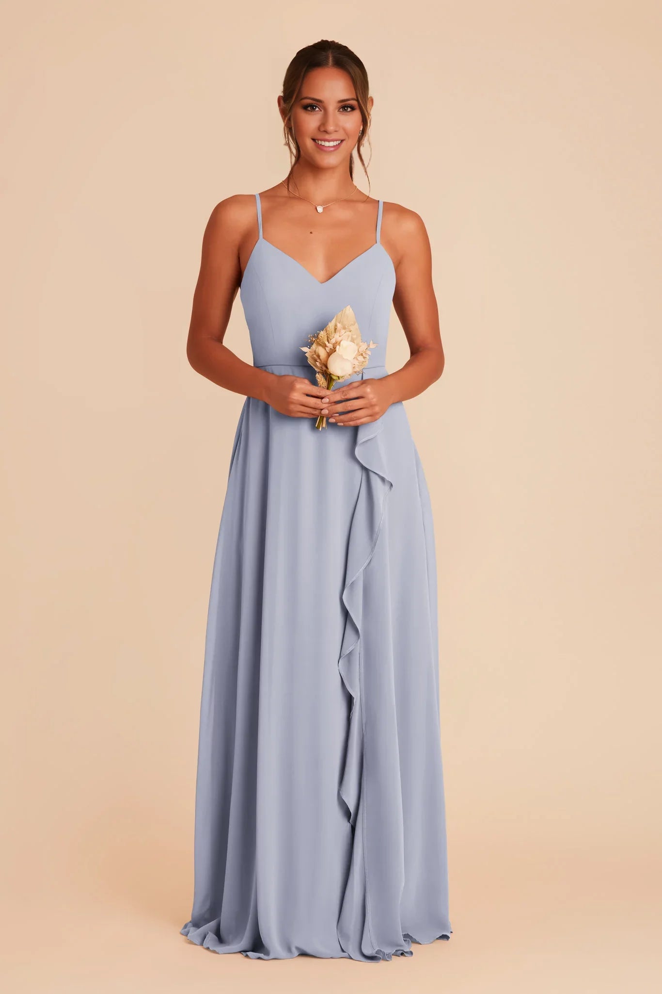 Airy Dusty Blue Chiffon Spaghetti-Strap Maxi Bridesmaid Dress with Ruffle Trim & High Side Slit